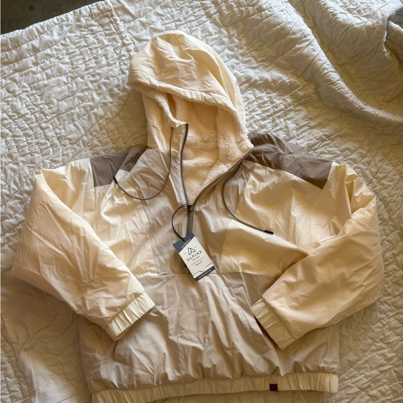 Alpine Jackets & Blazers - Alpine Cream Hooded Sherpa-Lined Raincoat with Gray Shoulder Panels